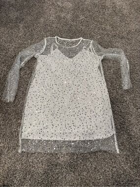 EMILIA White Silver Sequin Mesh Overlay Dress Womens 2XL Long Sleeve Party Dress